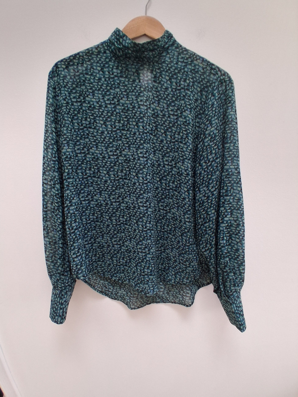 Prologue Women's Teal Patterned Mock-Neck Blouse Top Size Large Workwear Preppy